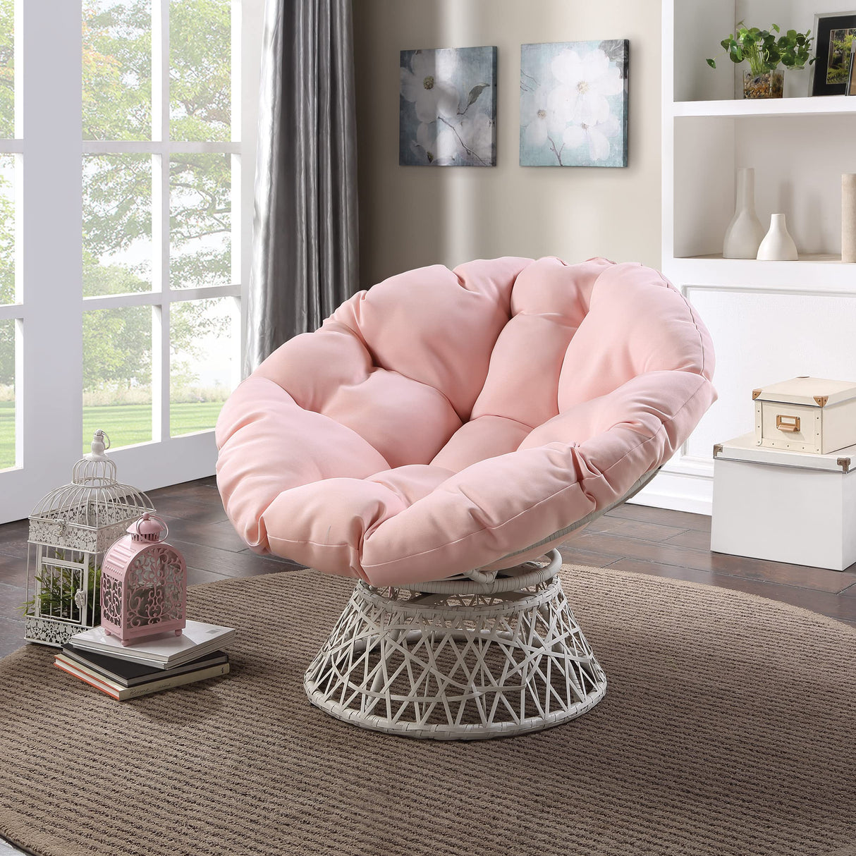 OSP Home Furnishings Wicker Papasan Chair with 360-Degree Swivel, Cream Frame with Pink Cushion OSP Home Furnishings