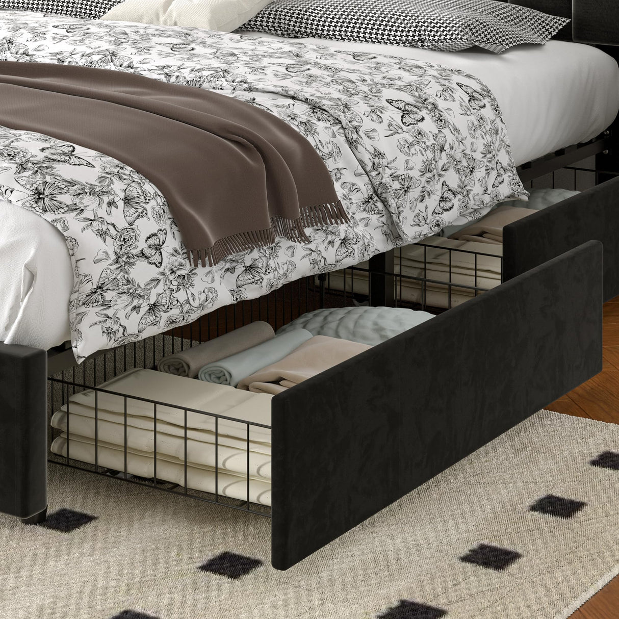 VECELO Queen Size Upholstered Bed Frame with 4 Drawers and Headboard, Velvet Platform Storage Bedframe, Wooden Slats Support, No Box Spring Needed,Black VECELO