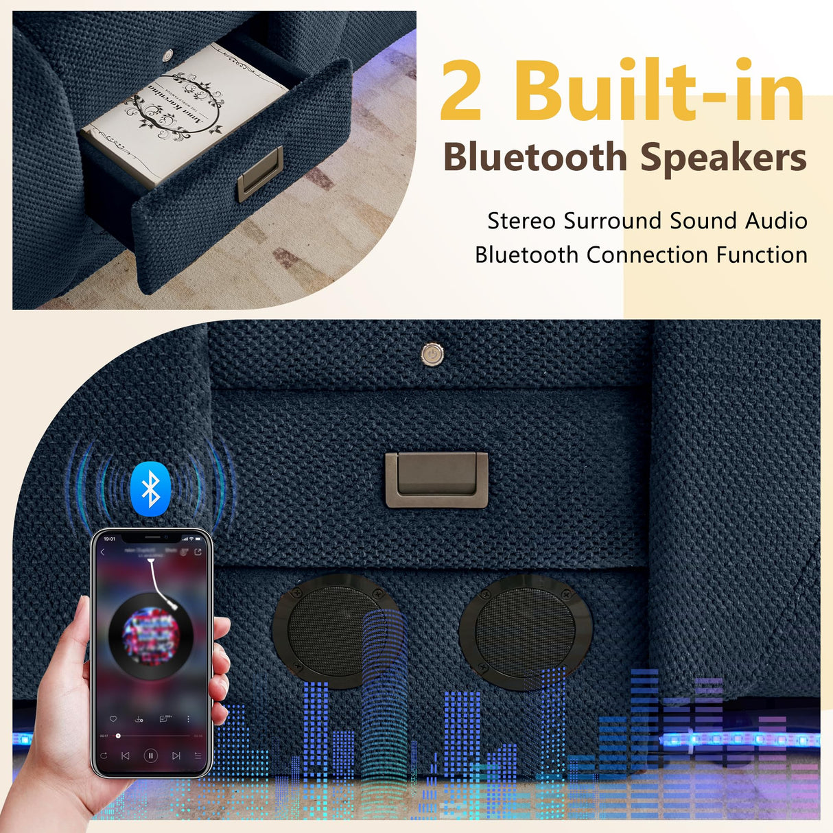 URRED Power Loveseat Recliner Sofa with Flipped Backrest Console, Wall Hugger RV Reclining Loveseat Sofa Couch with LED Light/Bluetooth Speakers/USB/Outlets/Cup Holders/Pillow/Side Pocket, Blue URRED