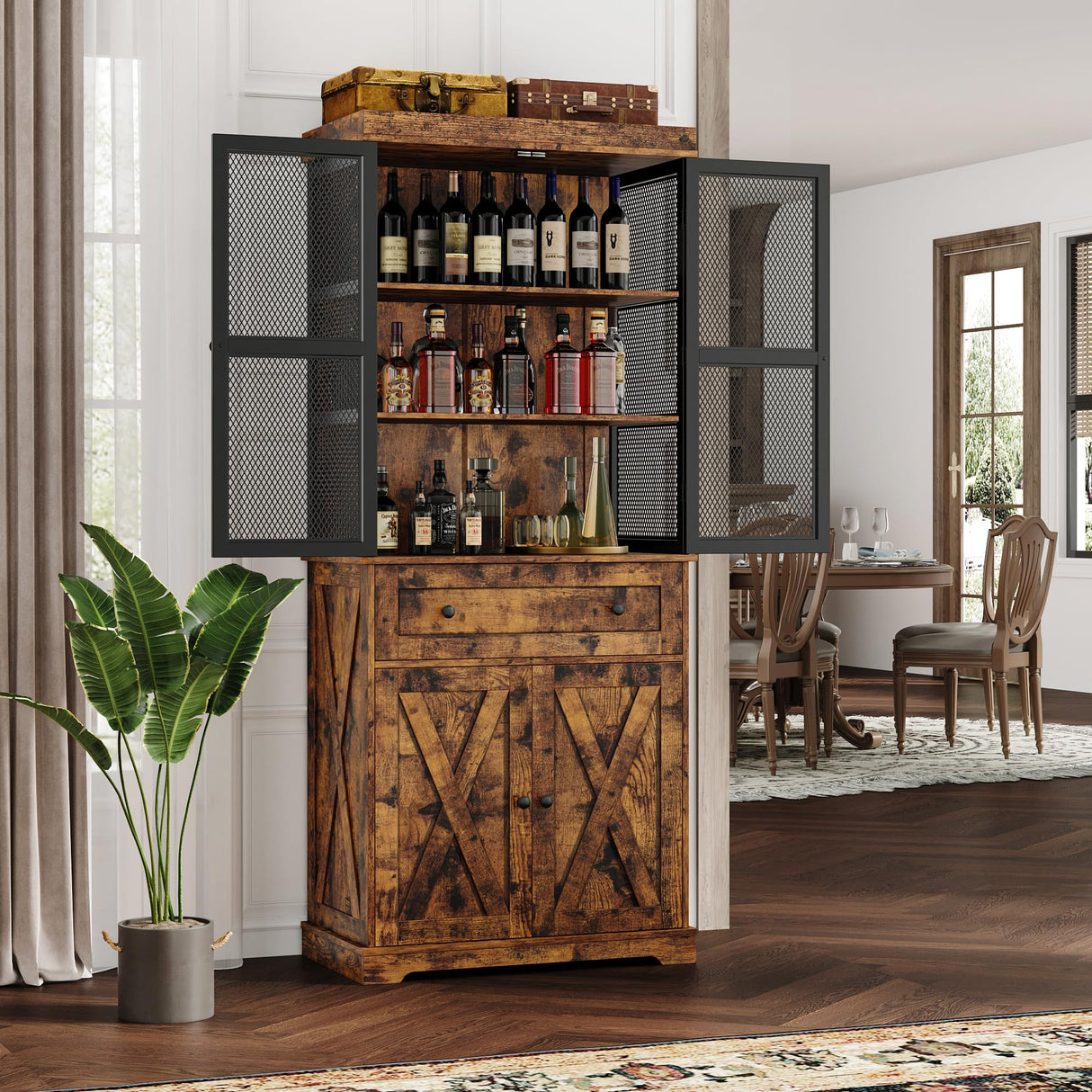 BOTLOG 71” Pantry Cabinet, Kitchen Pantry Storage Cabinet with Adjustable Shelf, Drawer and Barn Door, Tall Storage Cabinet, Bar Cabinet with Visual BOTLOG