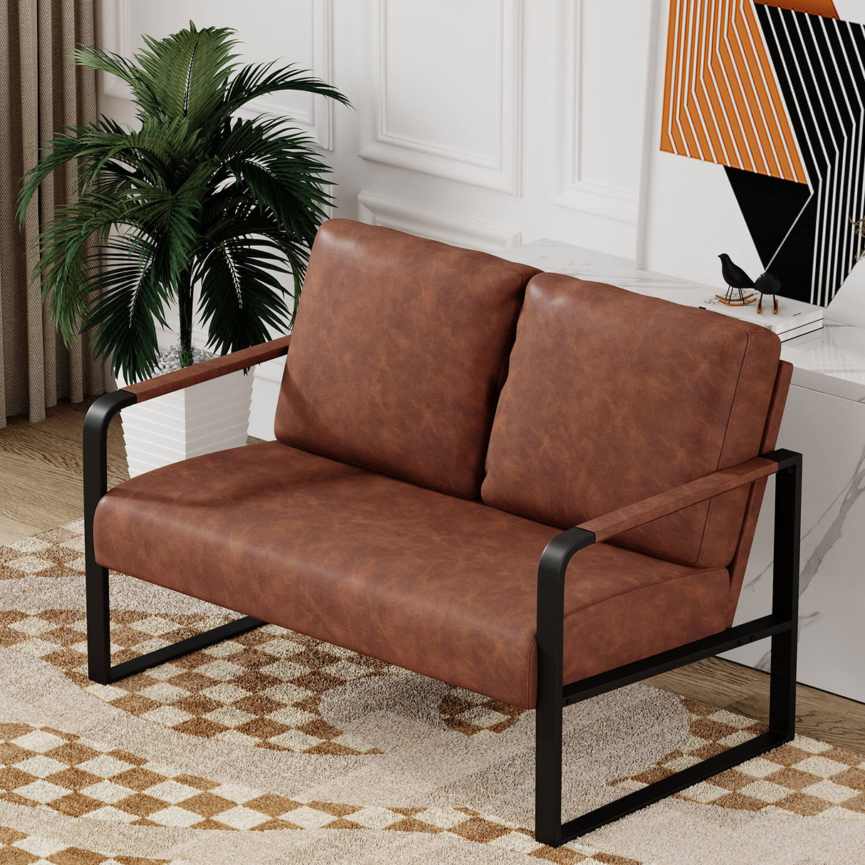 POINTANT Love Seat Mini Couch Small Settee Loveseat Bench for Living Room, Faux Leather Loveseat Sofa Small Sofa Couches for Small Spaces with Padded Cushion, Mid Century Modern Dark Brown Love Seats POINTANT