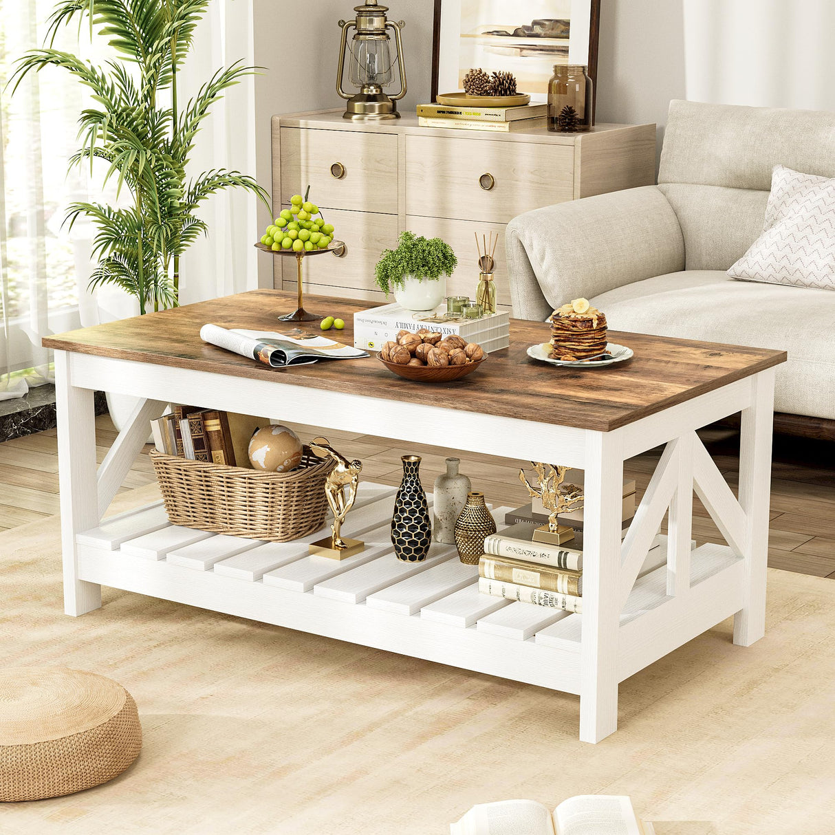 JUMMICO 39” Farmhouse Coffee Table for Living Room, 2-Tier Modern Living Room Table with Storage Shelf, Rustic Rectangular Center Table Space Saving Home Furniture (Rustic Oak & White) JUMMICO
