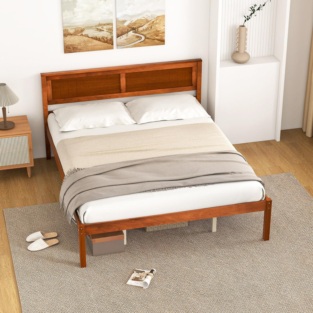 Giantex Queen Wood Platform Bed Frame with Headboard, Mid Century Queen Bed Frame with Wood Slat Support, Solid Wood Foundation with 16" Under Bed Storage, No Box Spring Needed, Easy Assembly Giantex