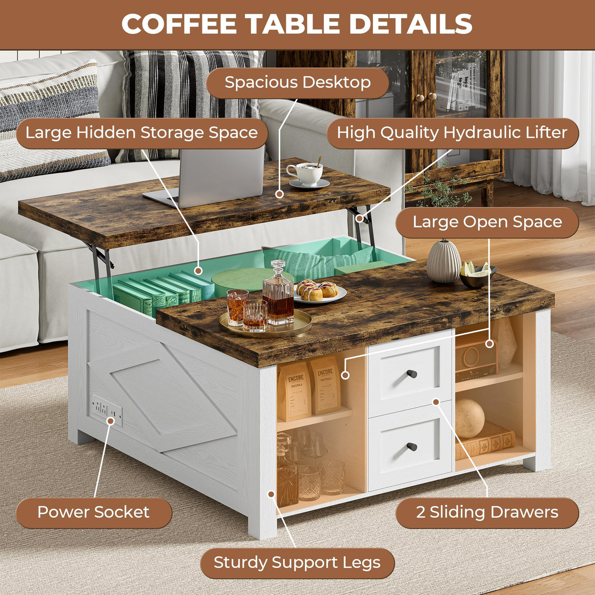 IRONCK Lift Top Coffee Table with Storage, Square Coffee Tables for Living Room with Charging Station and Drawers, Farmhouse Coffee Table with Large Storage Space, White IRONCK