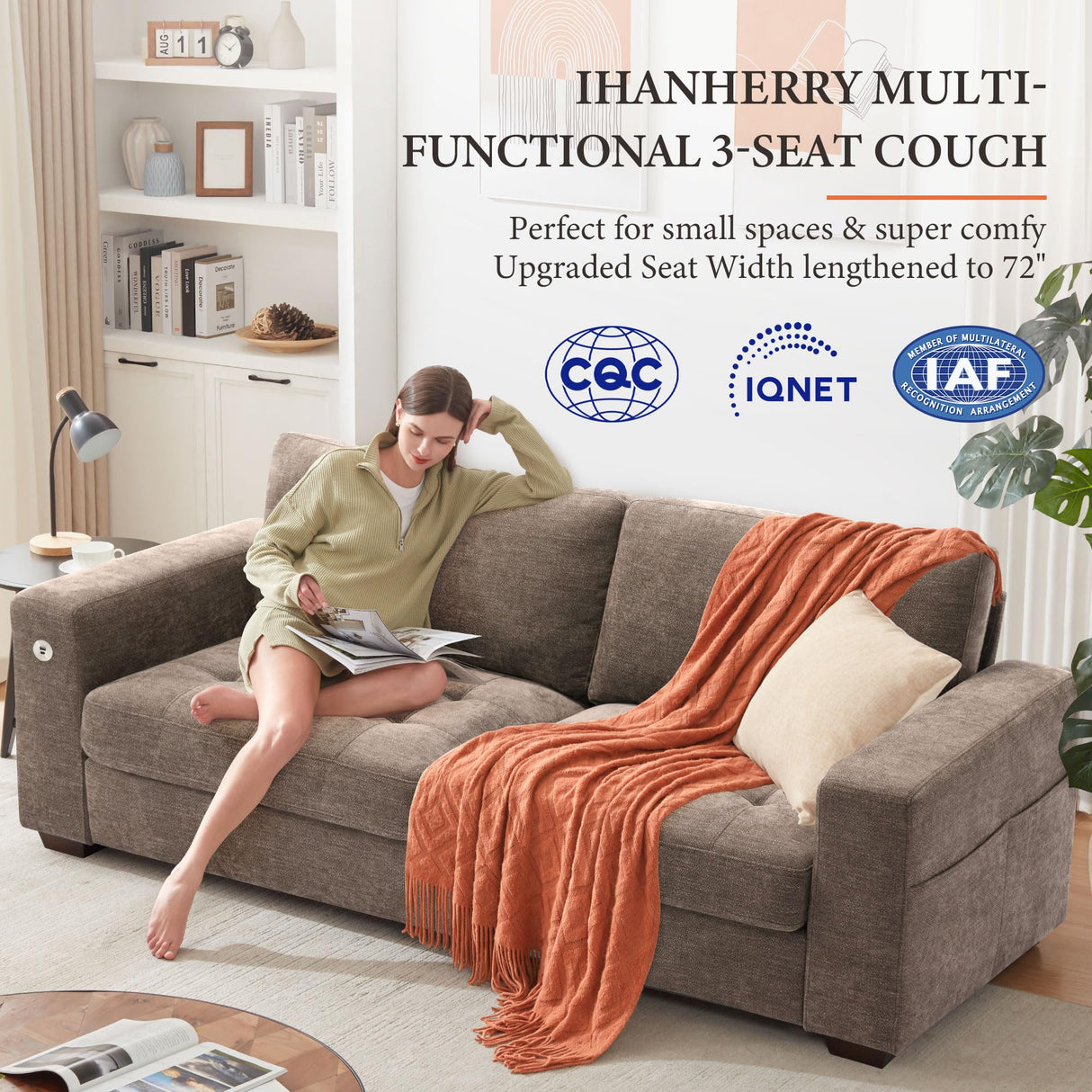 Ihanherry 89" Modern Sofas 3-Seats Couches for Living Room, Chenille Sofas with Extra Large Seat Width & Depth, USB/Type-C Charging Port & Side Pocket, Removable Medium Firm Sofa Cushion(Brown) Ihanherry