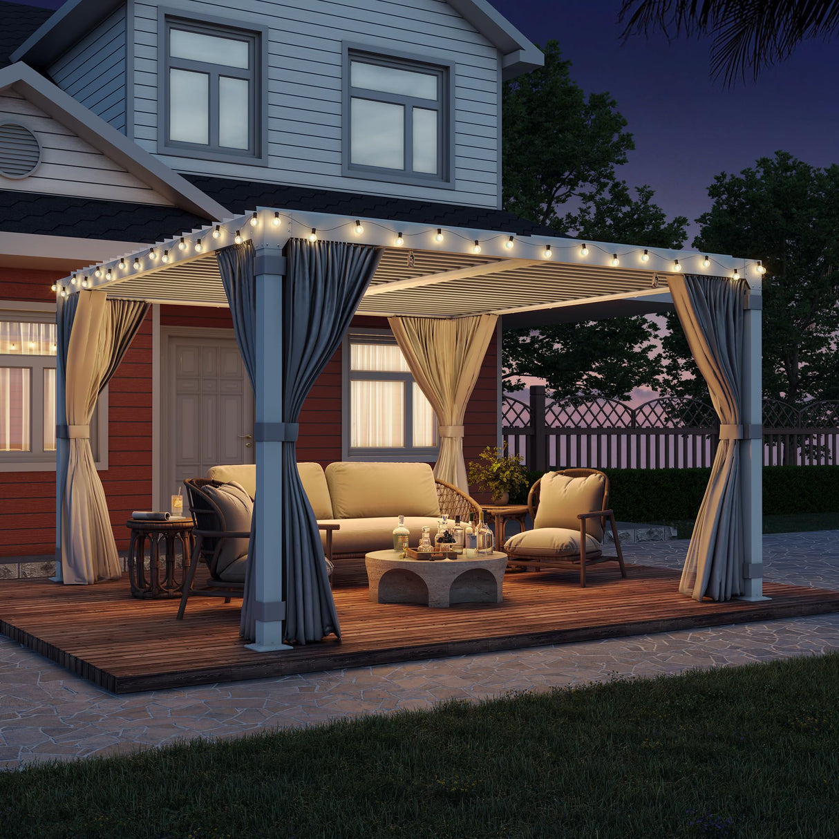 EROMMY 10x10FT Louvered Pergola Outdoor Sun Shade Shelter with Aluminum Frame and Adjustable Metal Rainproof Roof for Garden & Patio, Curtains and Netting Included, White EROMMY