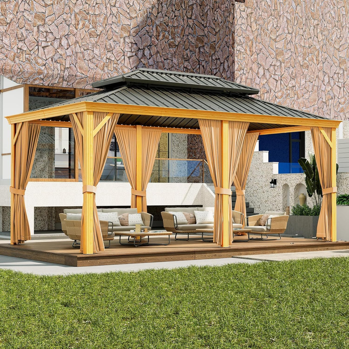 GAOMON 12x20ft Gazebo, Hardtop Outdoor Metal Roof Sun Shade Tent with Netting and Curtains, Permanent Wood Grain Galvanized Iron Aluminum Frame Garden Canopy for Patio, Backyard, Deck, Lawns GAOMON