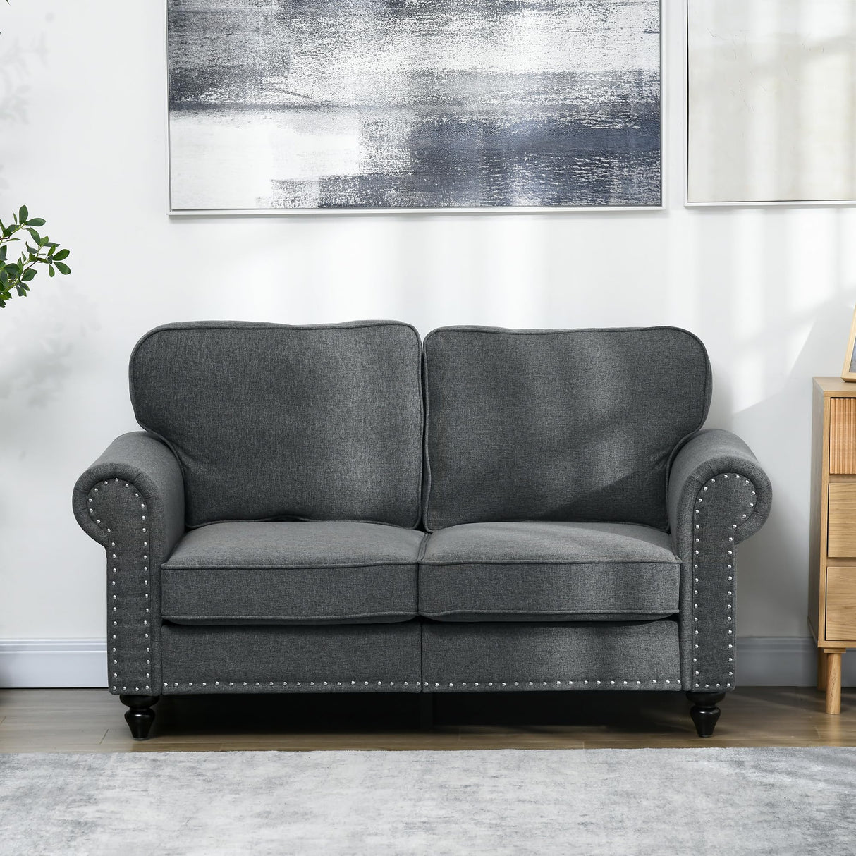 HOMCOM 61" Loveseat Sofa, Mid Century Modern 2 Seater Small Couch with Nailhead Trim, Rolled Arm, Fabric Upholstered Love Seat for Living Room and Bedroom, Charcoal Gray HOMCOM