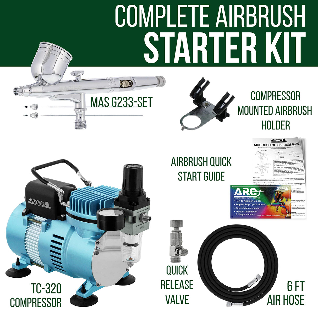 Master Airbrush Cool Runner II Dual Fan Air Compressor System Kit with a G233 Gravity Feed Dual-Action Airbrush Pro Set, 0.2, 0.3, 0.5 mm Tips - Hose, Holder, How-To Guide - Hobby, Auto, Cake, Tattoo Master Airbrush