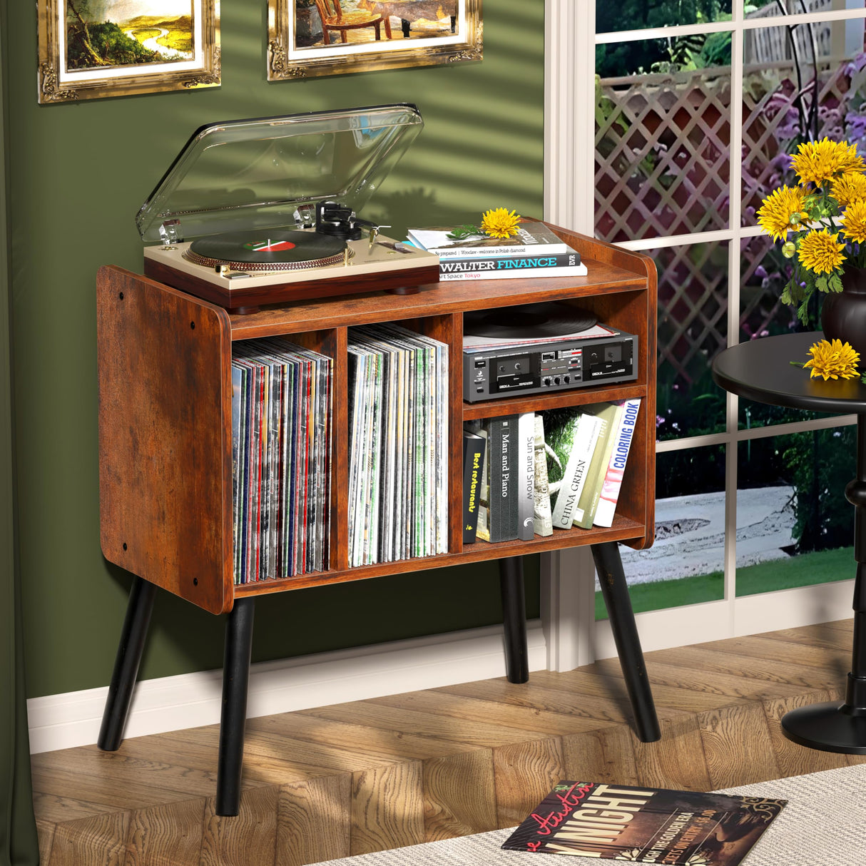 UODERS Record Player Table, Mid-Century Record Player Stand with Vinyl Storage Hold Up to 150+ Albums, Vinyl Record Cabinet with Adjustable Shelves, Wood Turntable Stand for Music Living Room (Brown) UODERS