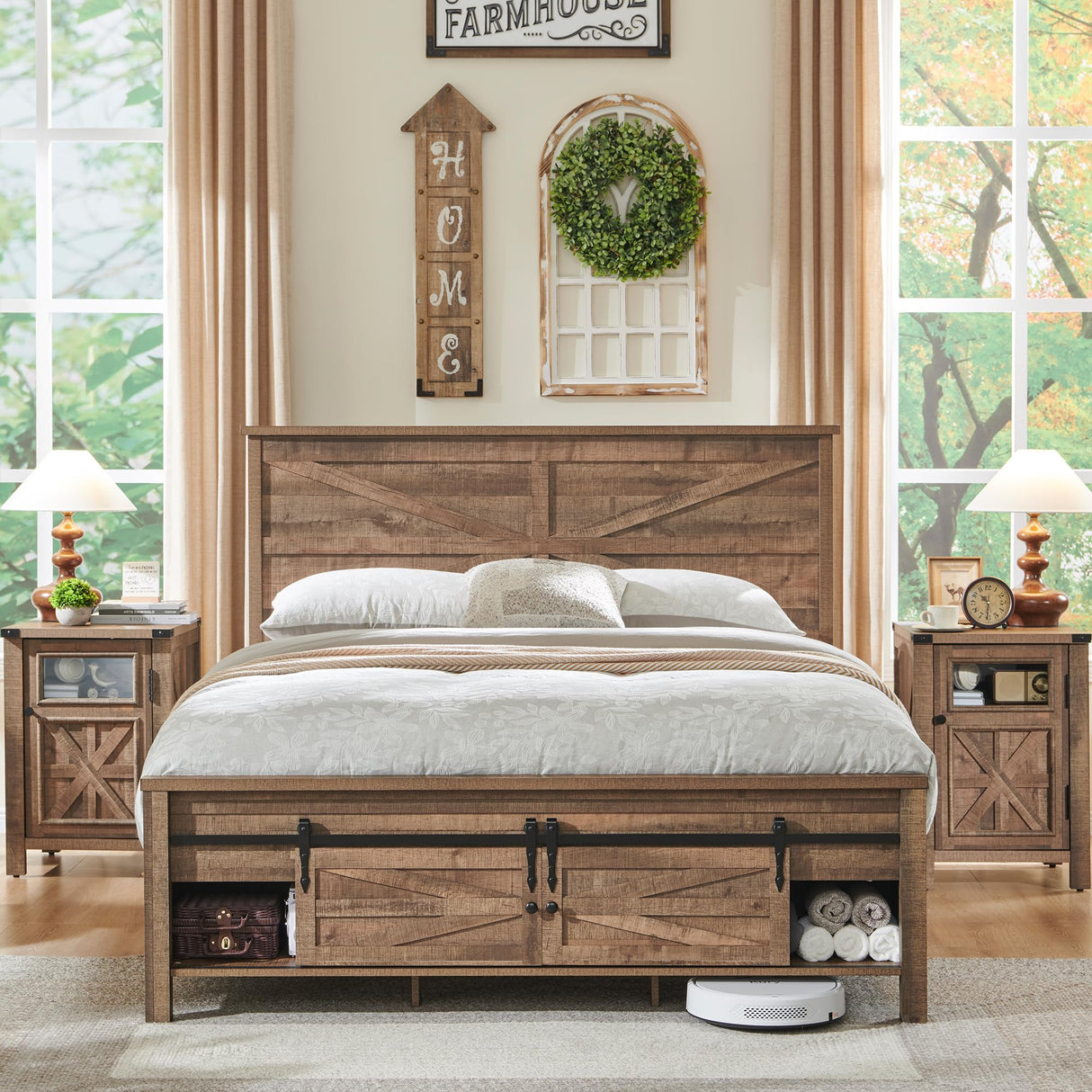 JXQTLINGMU Full Farmhouse Wood Bed Frame with Sliding Barn Door Storage Cabinets, Solid Wood Slats Support, Noiseless, No Box Spring Needed, Warm Brown JXQTLINGMU