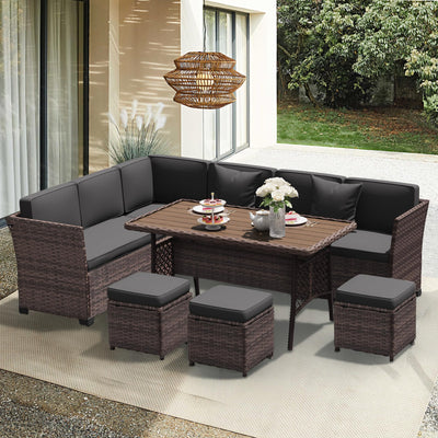 YOCONYO Patio Furniture Set, 7 Pieces Outdoor Dining Sets, All Weather Rattan Conversation Set Outdoor Dining Sectional Sofa with Dining Table, Ottoman (Brown-Drak Grey, B-7 Pieces)