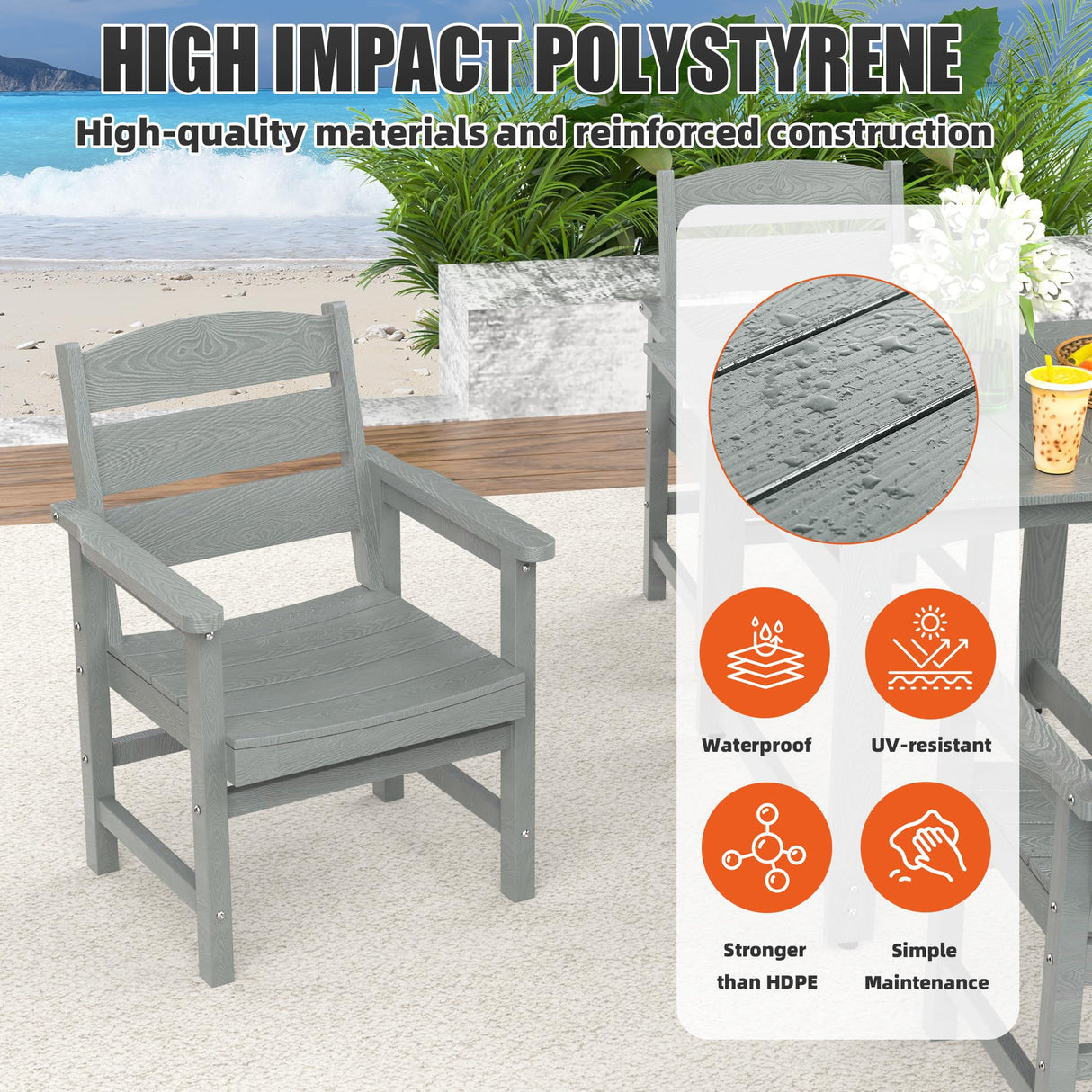 Sunnibety 5-Piece HIPS Patio Dining Set, Outdoor Dining Table and Chairs Set with Umbrella Hole, Weatherproof Dining Table Set for 6 Person, Patio Furniture Set for Outside Deck, Grey Sunnibety