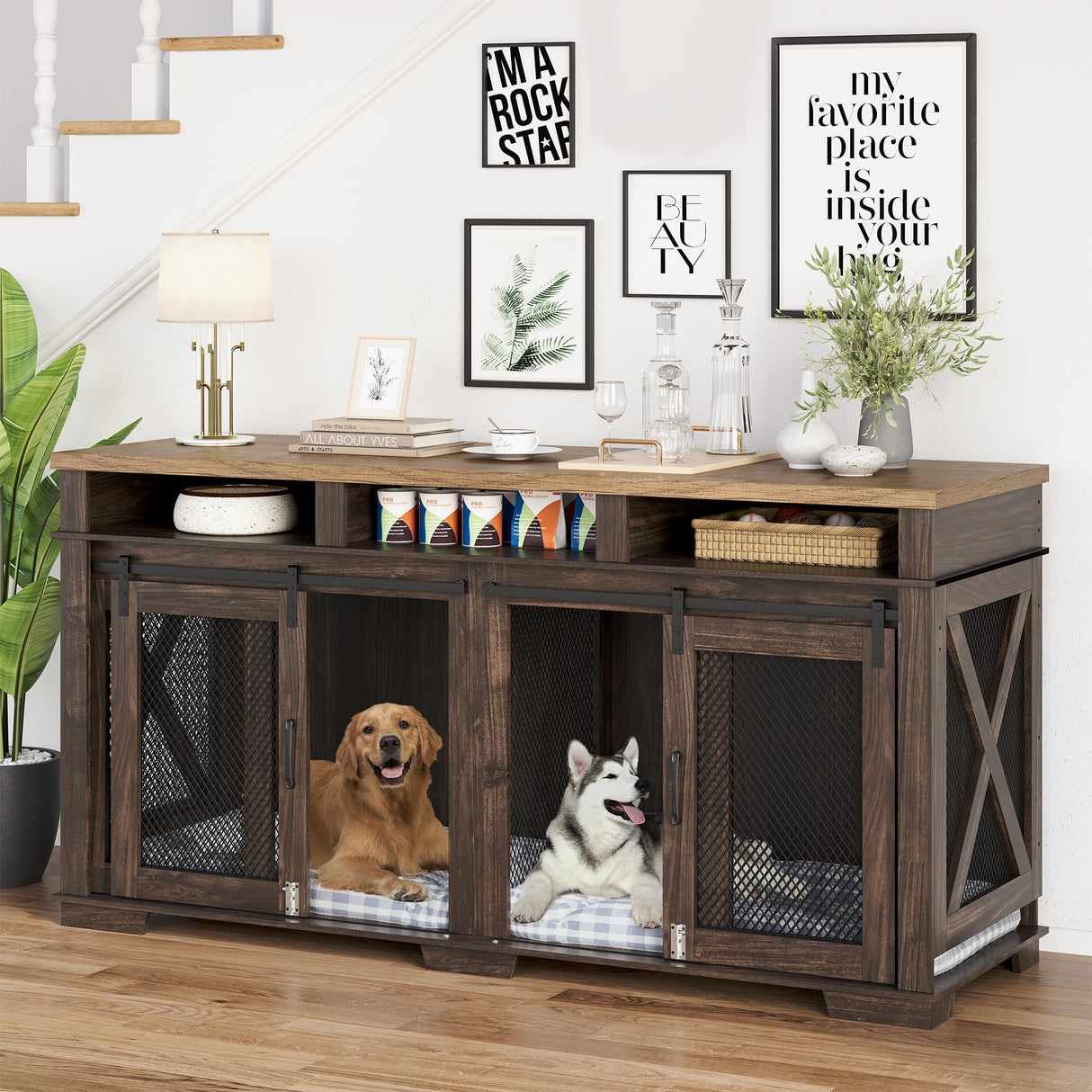 PeakPursuit 71" Extra Large Dog Crate Furniture,Wooden Double Dog Crates Kennel Cage,Furniture Style TV Stand Side End Table for 2 Dogs with Removable Divider for Large Dogs,Dark Walnut/Light PeakPursuit