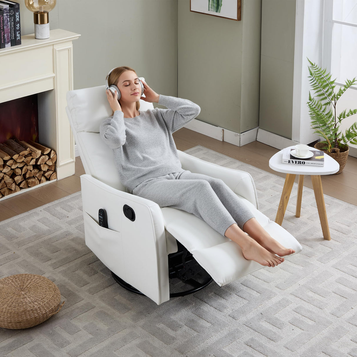 PELUMY Recliner Chair Swivel Rocking with Heat Massage - 360° Manual Recliner, 8-Point Vibrating & Lumbar Heat, Easy Assembly Chair for Living Room (Breathable Leather, White) PELUMY