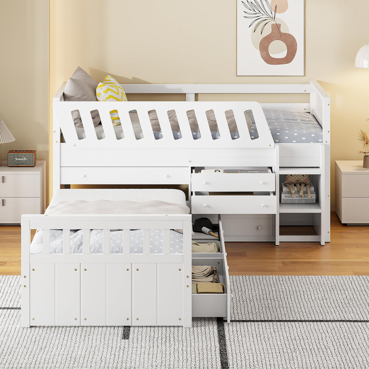 MERITLINE Twin Size Low Loft Bed and Twin Platform Bed Set, Solid Wood L-Shaped Kids Beds Frame with 7 Storage Drawers and Full Guardrails, Space-Saving 2 Beds for Girls Boys,White MERITLINE