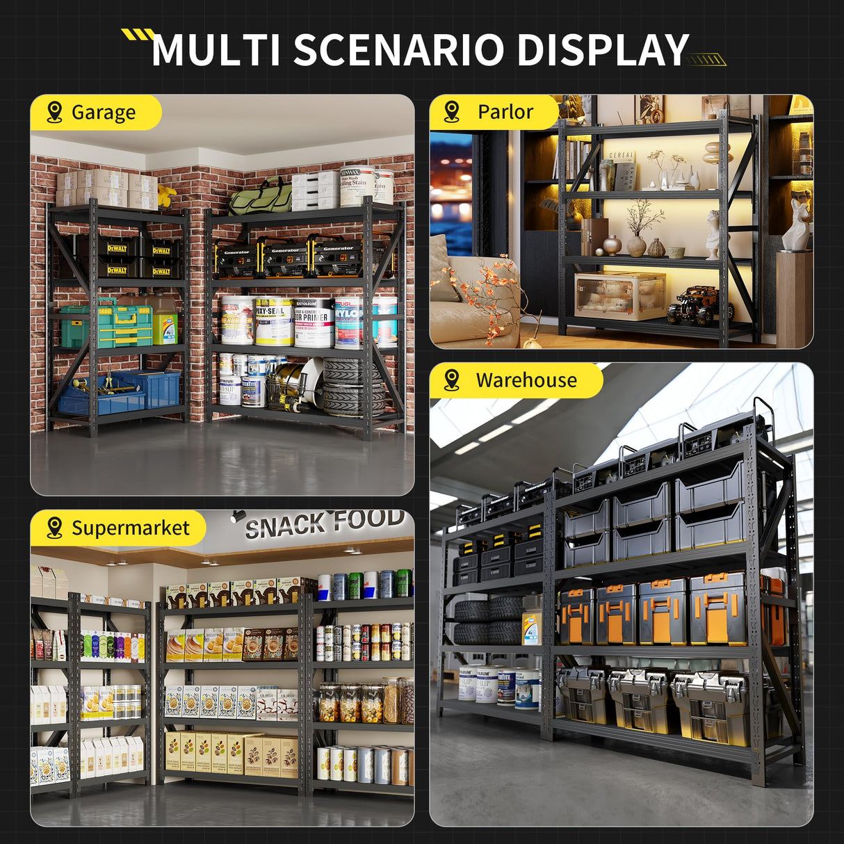 InaryLof Metal Garage Shelving,4000 LBS Garage Shelving Unit and Storage,Adjustable 4-Tier Heavy Duty Shelving,Garage Storage Shelves for Shop,Basement,Garage (Black, 23.6" D*59.1" W*78.7" H) InaryLof