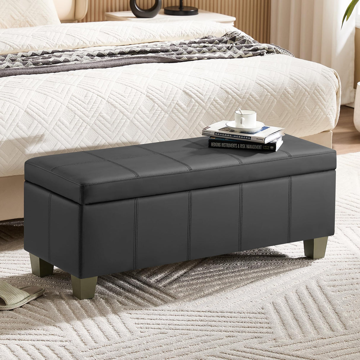 WUTUTUEE 41" Faux Leather Storage Ottoman, Stitch Tufted Rectangle Upholstered End of Bed Storage Bench, Entryway Large Couch Ottoman with Wooden Legs,Dark Grey WUTUTUEE