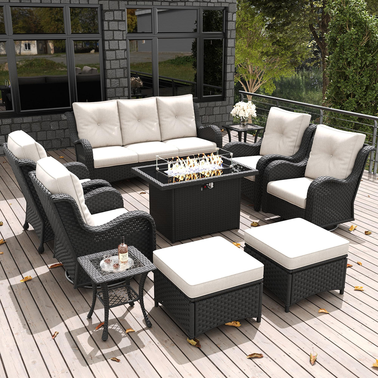 LayinSun 10 Pieces Outdoor Patio Furniture Set with Fire Pit Table, Rattan Wicker Sectional Swivel Rocker Chairs Sets with Ottomans, Swivel Glider Chair, Single Chairs and Coffee Table LayinSun