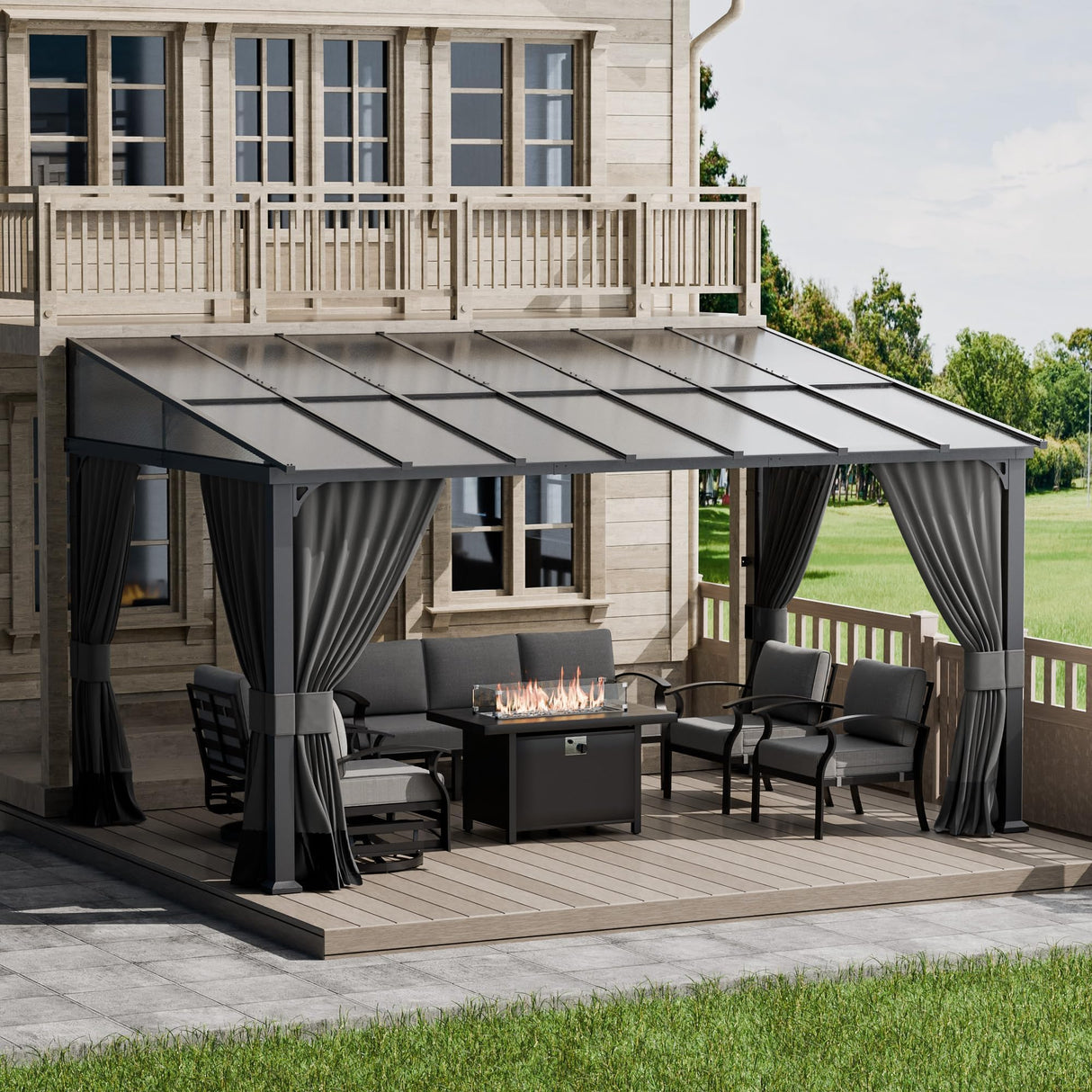 ALAULM 10'x 14' Outdoor Hardtop Pergola,Wall Mounted Lean to Gazebo with Curtains and Netting,Galvanized Metal Frame,Sunshade for Patio, Backyard, Deck and Lawns-Gray ALAULM