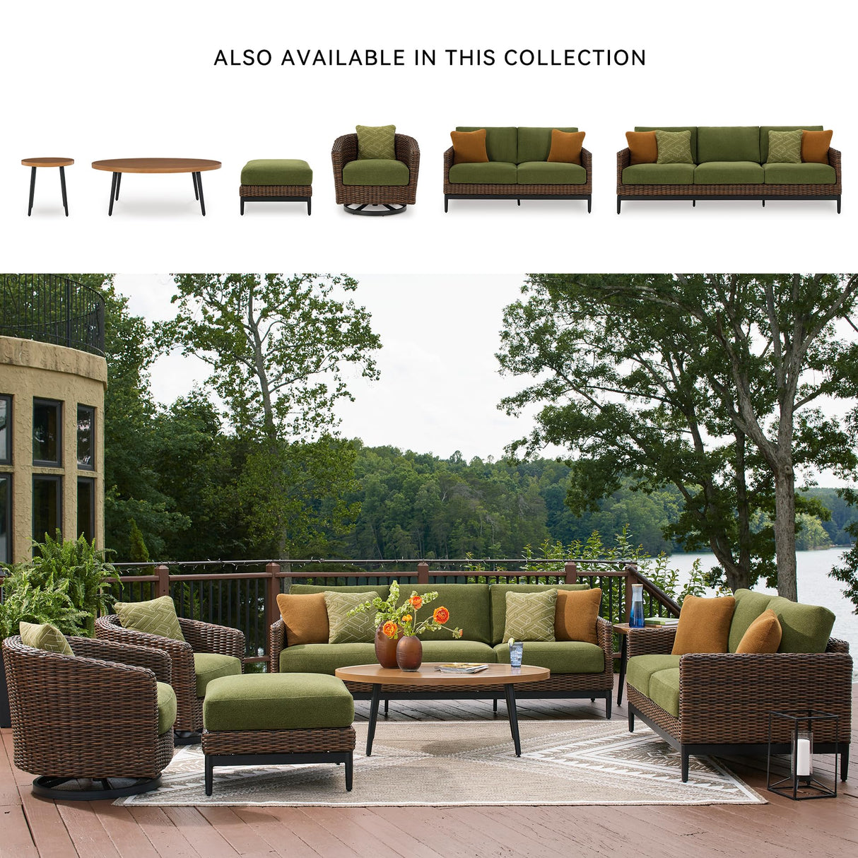 Signature Design by Ashley Horizon Hall Vintage Outdoor Weather Resistant Resin Wicker Loveseat with Cushion and 2 Accent Pillows, Green & Dark Brown Signature Design by Ashley