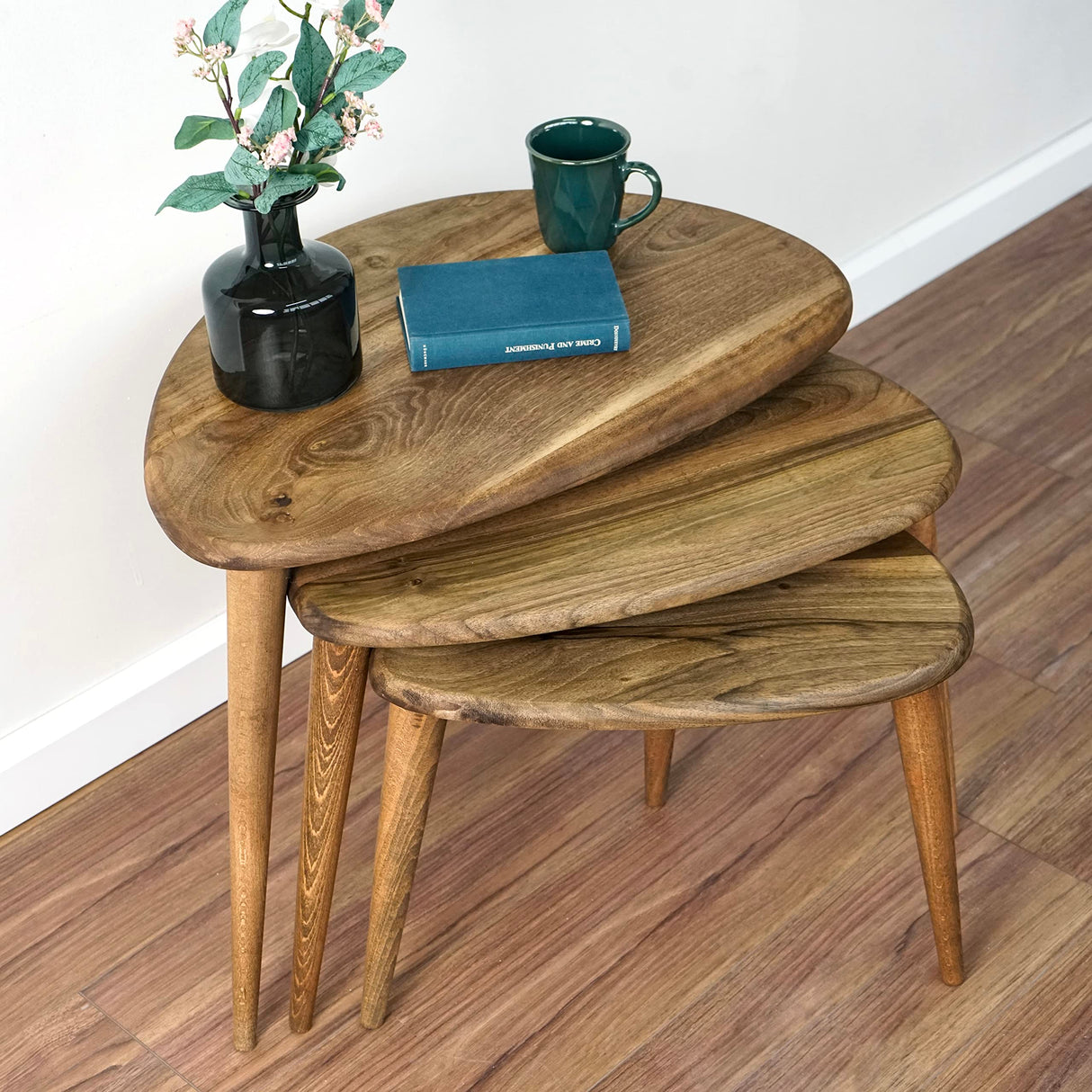 Ultimate Premium Products Solid Nesting Table Set of 3- Walnut Mid Century Pebble Tables with Tapered Legs – Wooden Home Furniture in a Retro Style - Walnut Ultimate Premium Products