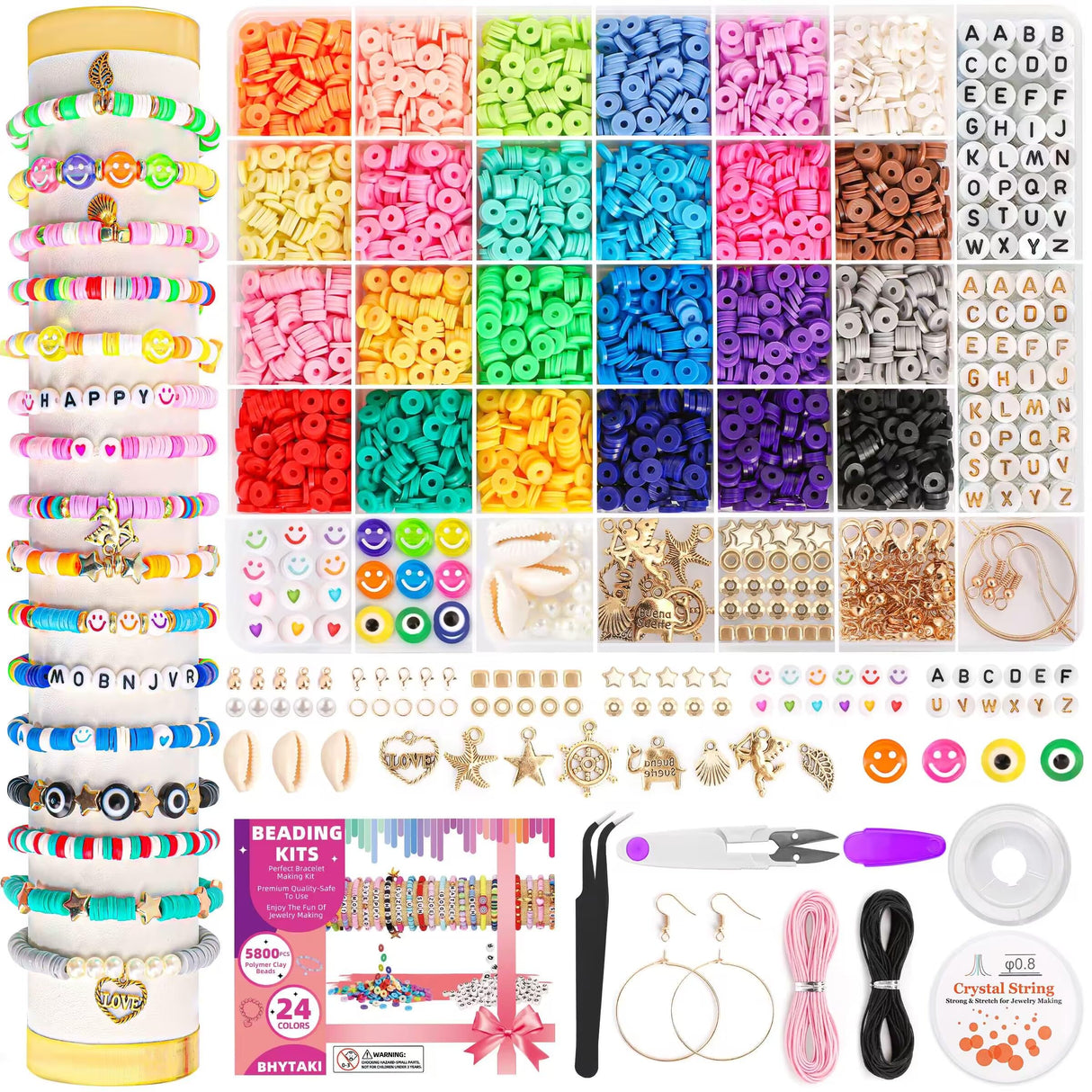 5800 PCS Clay Beads Bracelet Making Kit, 24 Colors Flat Preppy Beads for Friendship Jewelry Making, Polymer Heishi Beads with Charms DIY Arts and Crafts Birthday Gifts Toys for Teen Girls Age 6+ BHYTAKI