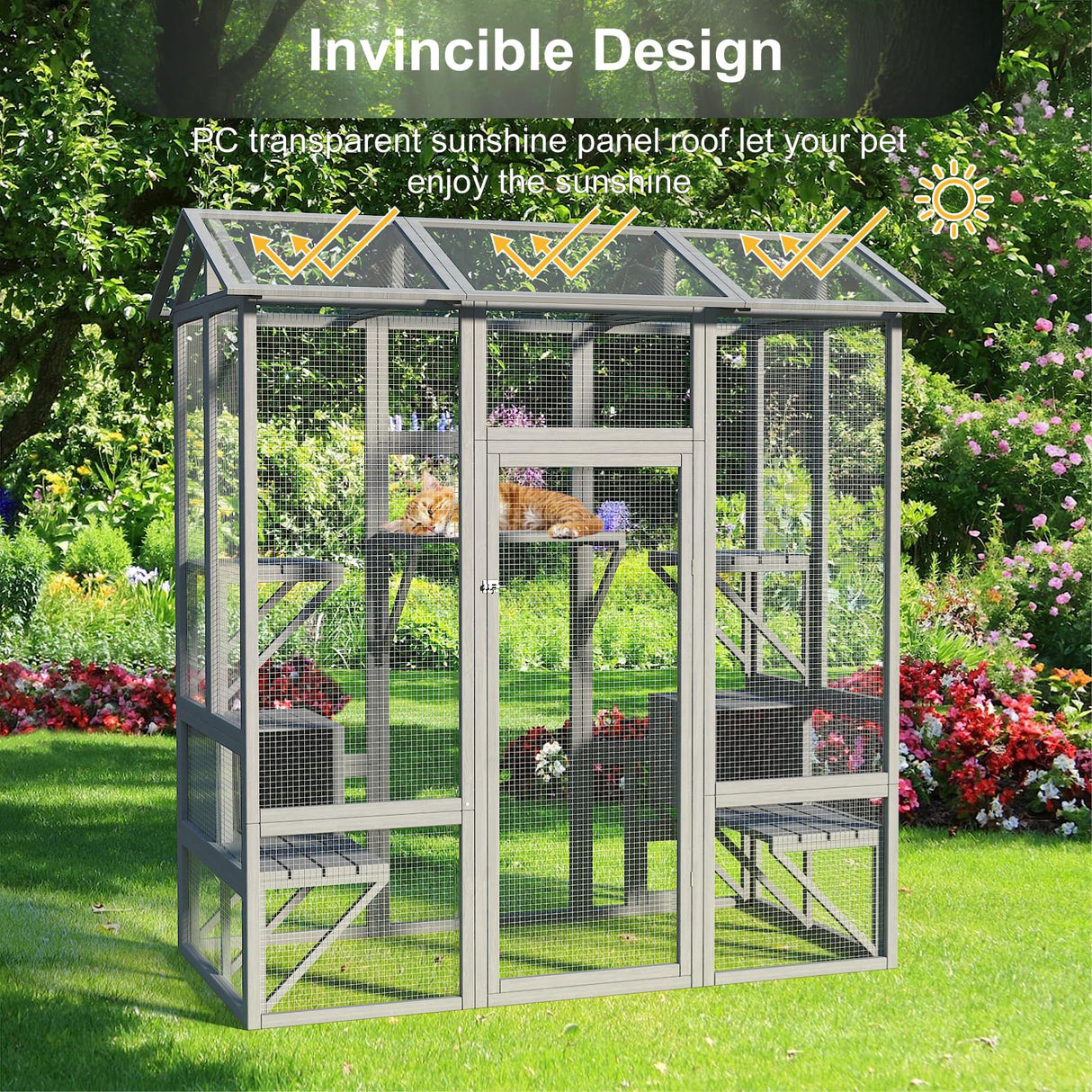 TIMHAKA Cat Catio, Large Cat House Outdoor, Outside Cat Enclosure with Sunshine Panel Roof and Waterproof Cover, Wooden Cat Cage with 7 Platforms & 2 Resting Box, Walk in Feral Cat Shelter, 72 inch TIMHAKA