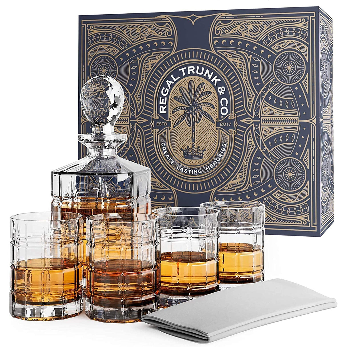 REGAL TRUNK & CO. Whiskey Decanter Set with Glasses, 4 Square Engraved Tumblers Whisky Decanter & Glass Set, Crystal Decanter Set Bourbon and Scotch, Gift Box and with Liquor Glass Polishing Cloth REGAL TRUNK & CO.