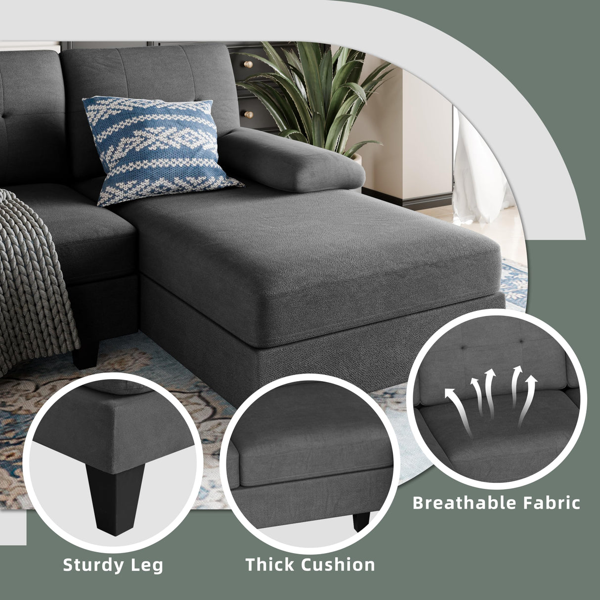 Shintenchi U-Shaped Sectional Sofa with Double Chaise, 4-Seat Linen Fabric Living Room Furniture Set, High-Density Cushions for Ultimate Comfort & Modern Style, Black Shintenchi