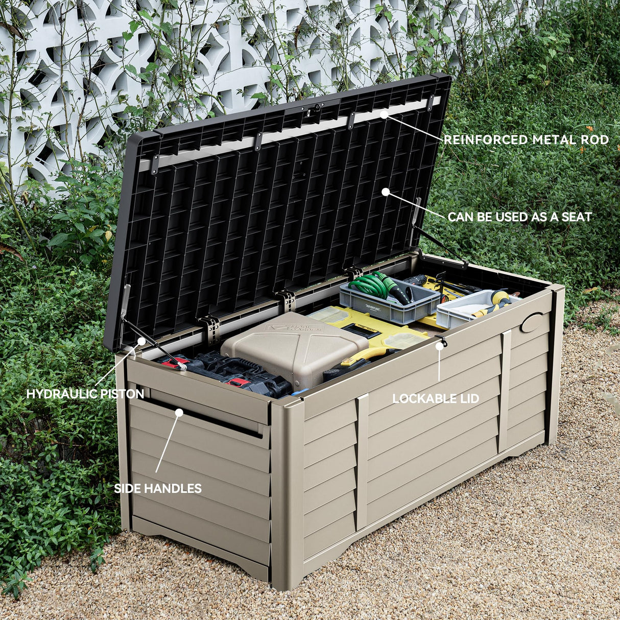DWVO Large Deck Box 120 Gallon Waterproof Outdoor Storage Box, Extra Large Outdoor Storage Bin, Resin Louvered Patio Storage for Outdoor Pillows, Garden Tools & Pool Supplies, Lockable, Black&Brown DWVO