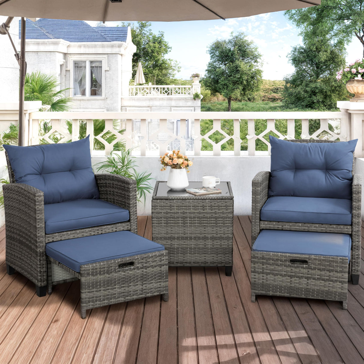 Shintenchi 5 Pieces Patio Furniture Set, Outdoor Wicker Patio Conversation Set with Ottoman, All Weather Rattan Outside Chairs with Coffee Table & Cushion for Porch, Garden, Backyard, Navy Shintenchi