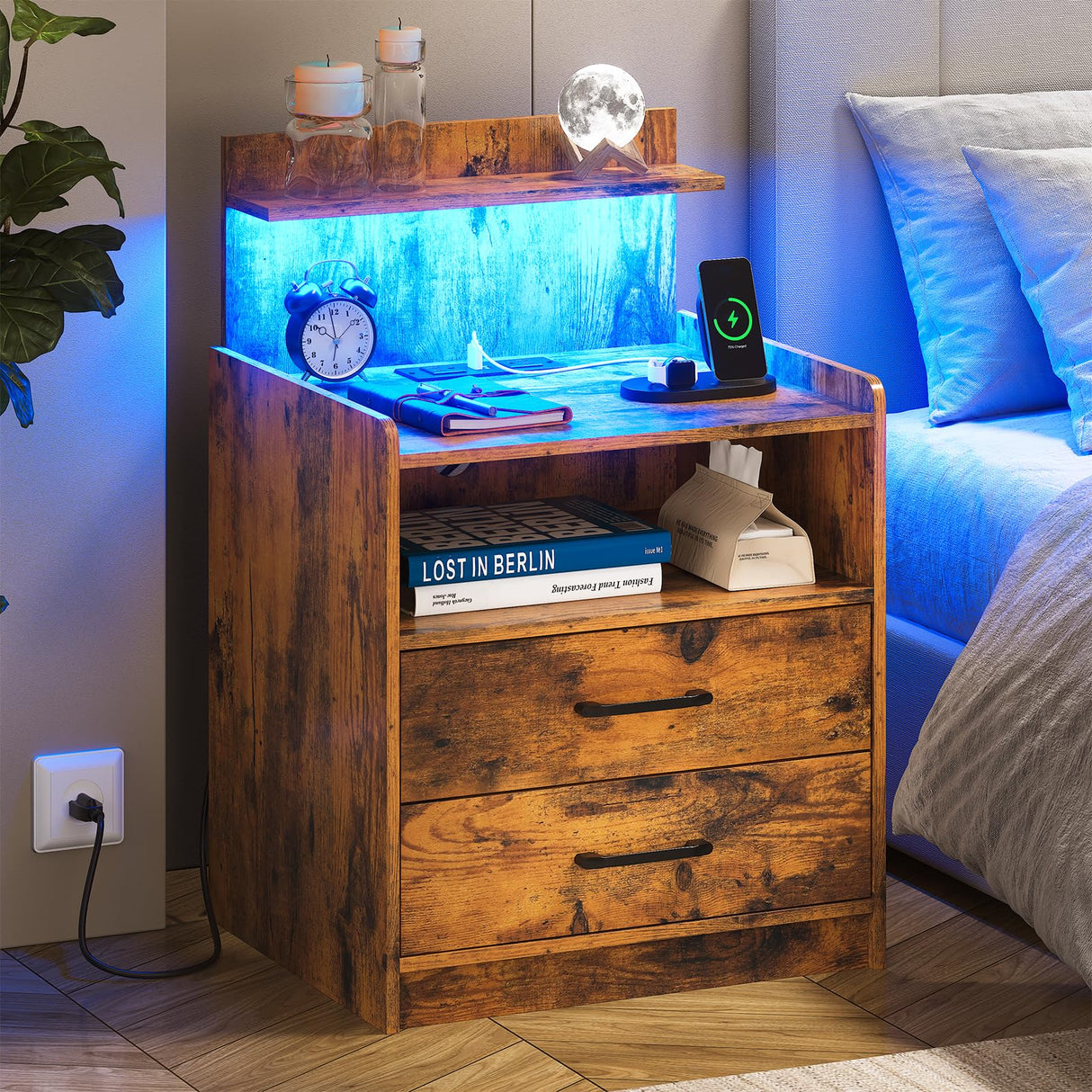 LED Nightstand with Charging Station, Night Stand with 2 Drawers and Open Storage, Bedside Table with LED Lights, Modern End Table with USB Ports Outlets, Rustic Brown Diliplain