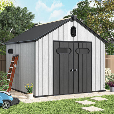 UDPATIO 8x10 FT Outdoor Storage Shed, Resin Plastic Shed with Floor Air Vents Side Windows Skylights Lockable Doors, Backyard Patio Garden, Grey