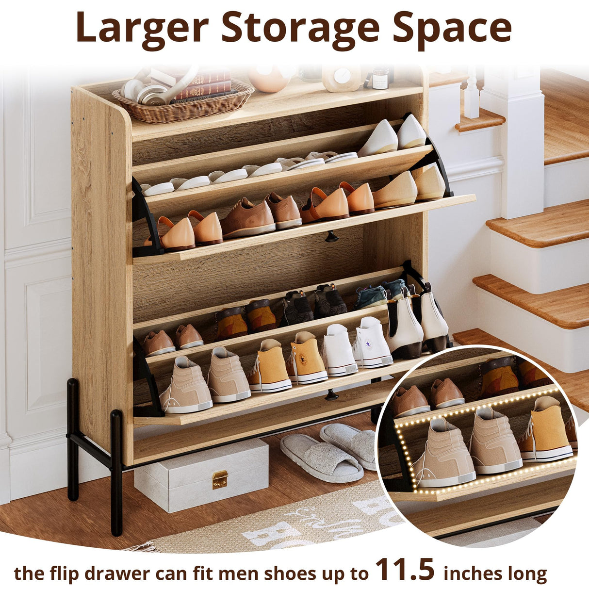 IRONCK Shoe Cabinet Storage with 2 Flip Drawers, Free Standing Wooden Shoe Storage Organizer Cabinet with Rattan Doors for Entryway, Narrow Shoe Rack Cabinet, Oak IRONCK