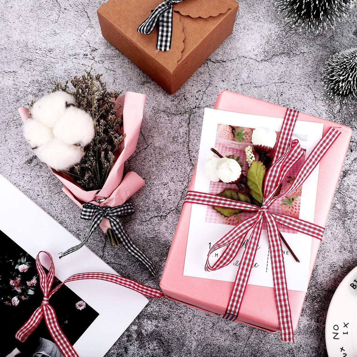 Red and White Gingham Ribbon, 5/8" x 25Yd Roll Picnic Craft Red Buffalo Ribbon for Crafts Hair Accessories and Christmas Gift Wrapping,5/8 Inch Polyester Woven Edge +60" Tape Measurement DAYEDZ