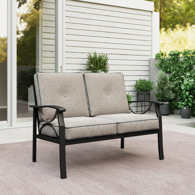 RoyalCraft Patio Loveseat, All-Weather Outdoor 2 Seats Sofa Couch, Black Metal Furniture with Gray Cushions
