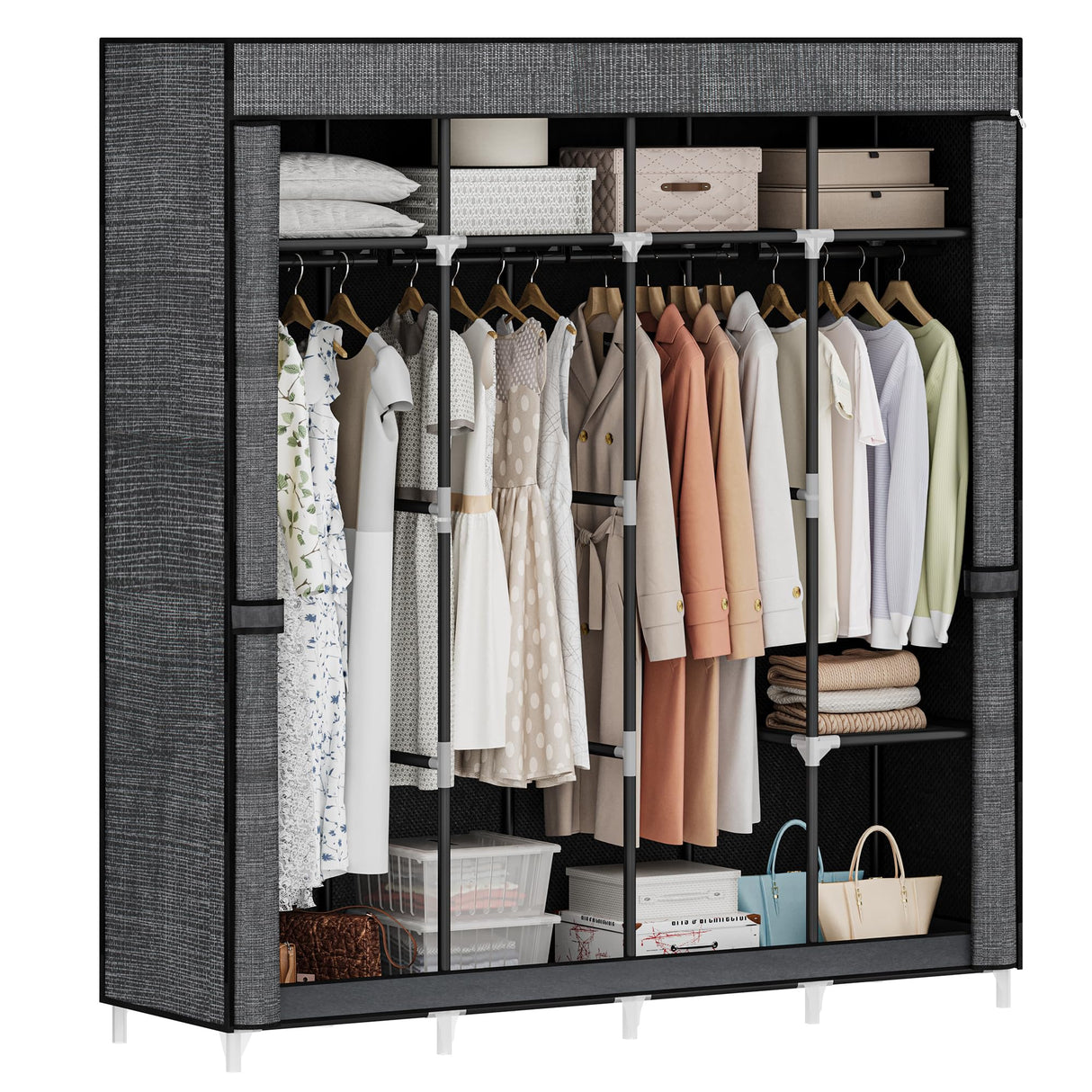 Hzuaneri 67 Inch Closet Wardrobe, Clothes Storage Organizer for Hanging Clothes with Cover, 4 Hanging rods, 9 Storage Shelves, Portable Closet for Bedroom 67 x 16.5 x 66 Inches, Starry Sky Black Hzuaneri