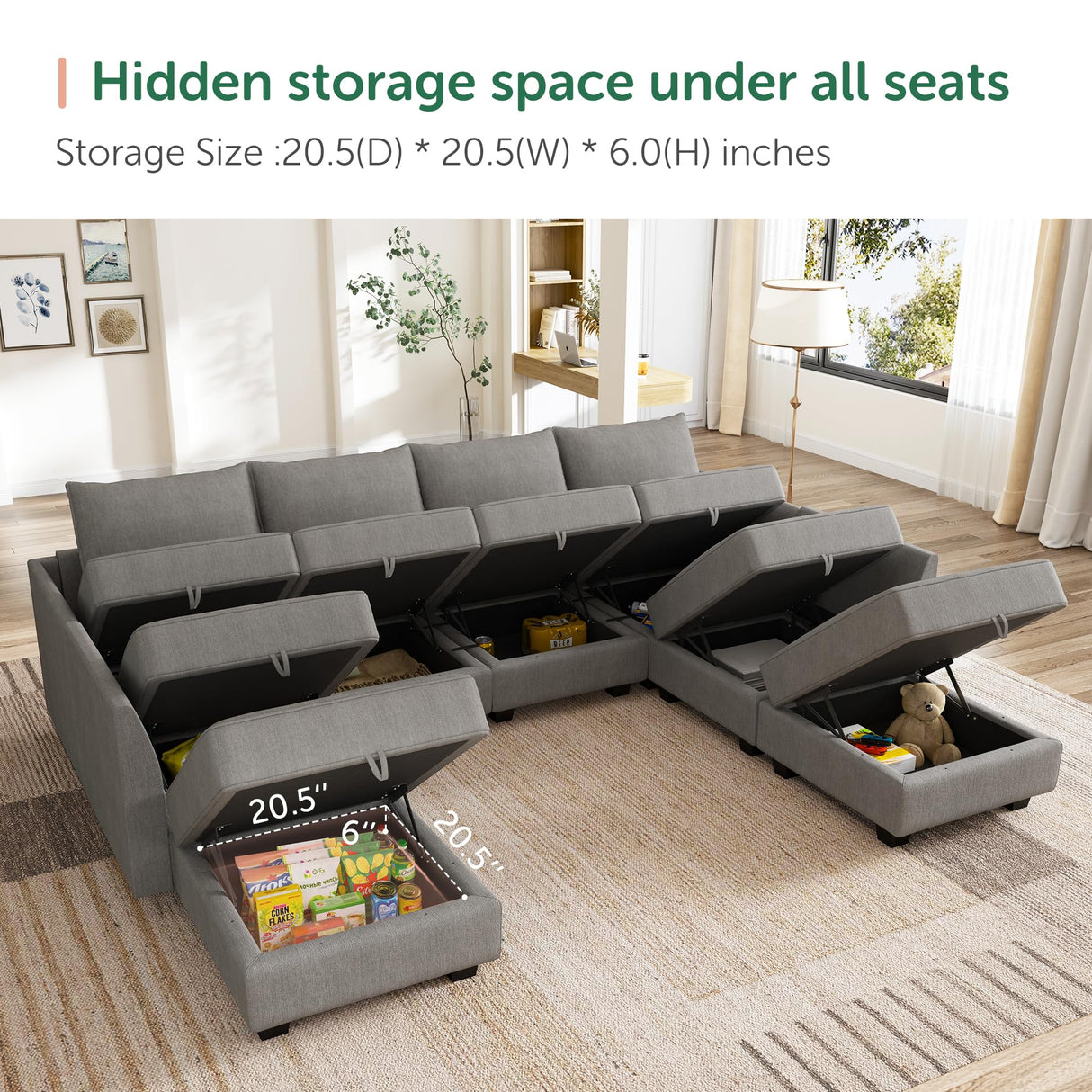 HONBAY Modular Couch with Storage U Shaped Modular Sectional Sofa, Convertible Modular Sectional Couch for Living Room, Grey HONBAY