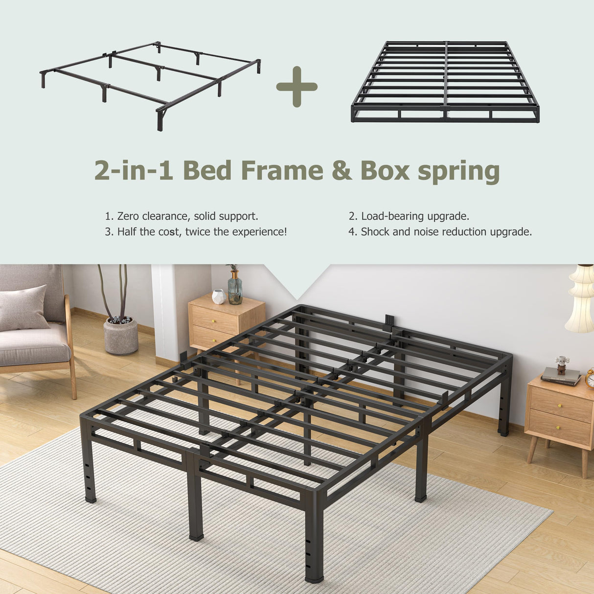 NKZ Queen Size Bed Frame 20 Inch, Metal Bed Frame & Box Spring 2 in 1 Platform with Round Corner Legs, 4000lbs Weight Capacity Reinforced Metal Frame, Headboard Hole, Noise-Free, Easy Assembly NKZ