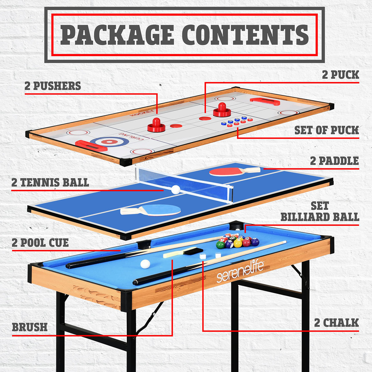 SereneLife 4 in 1 Multi Game Table, 4’x2’ Folding Portable Sports Arcade Games with Accessories, Ping Pong, Air Hockey, Pool Billiards, and Shuffleboard, for Indoor, Outdoor, All Ages SereneLife