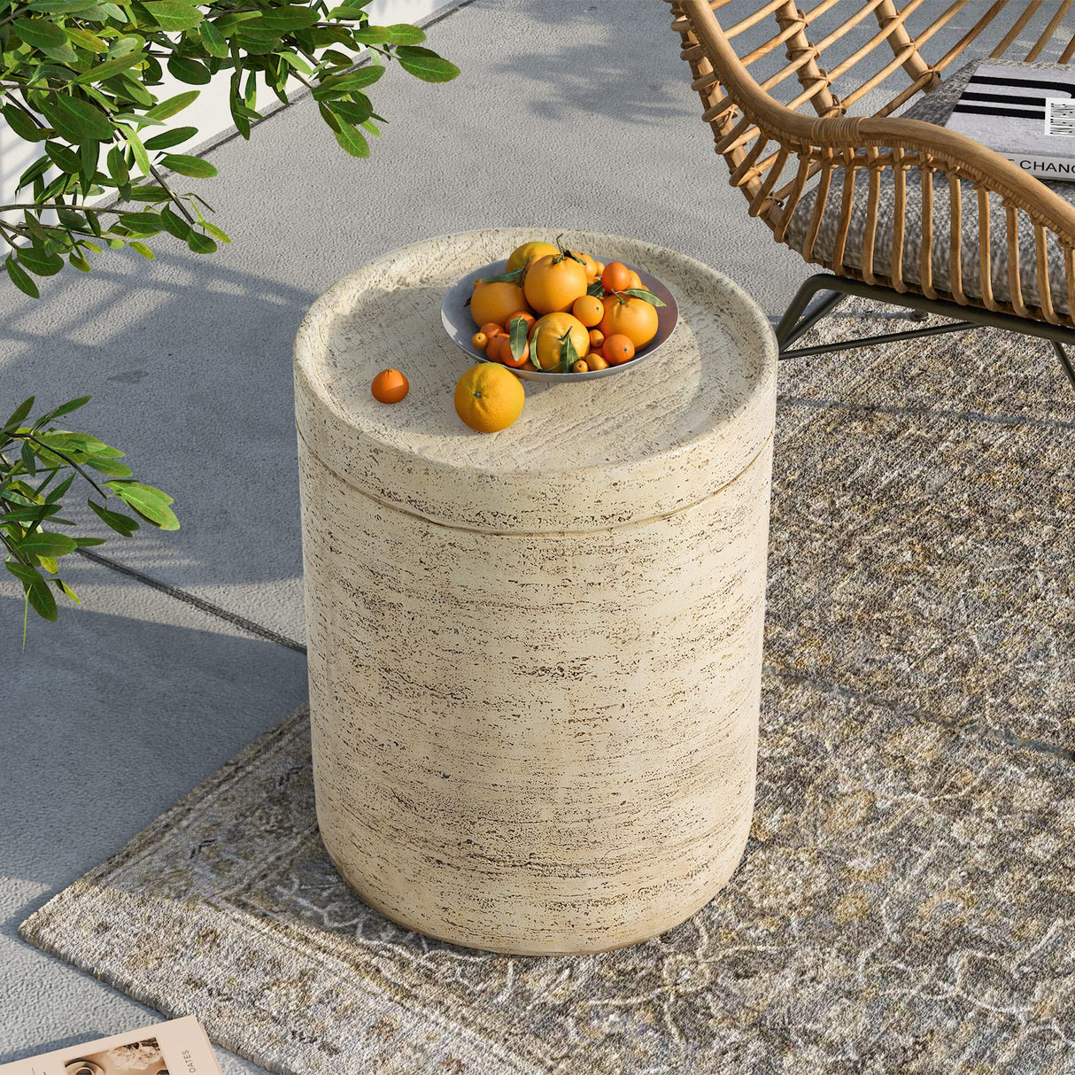 SUNBURY Concrete Side Table Set of 2, Outdoor Side Table for Patio, 14" Outdoor Accent Table Patio Round End Table, Ceramic Garden Stool Log SUNBURY