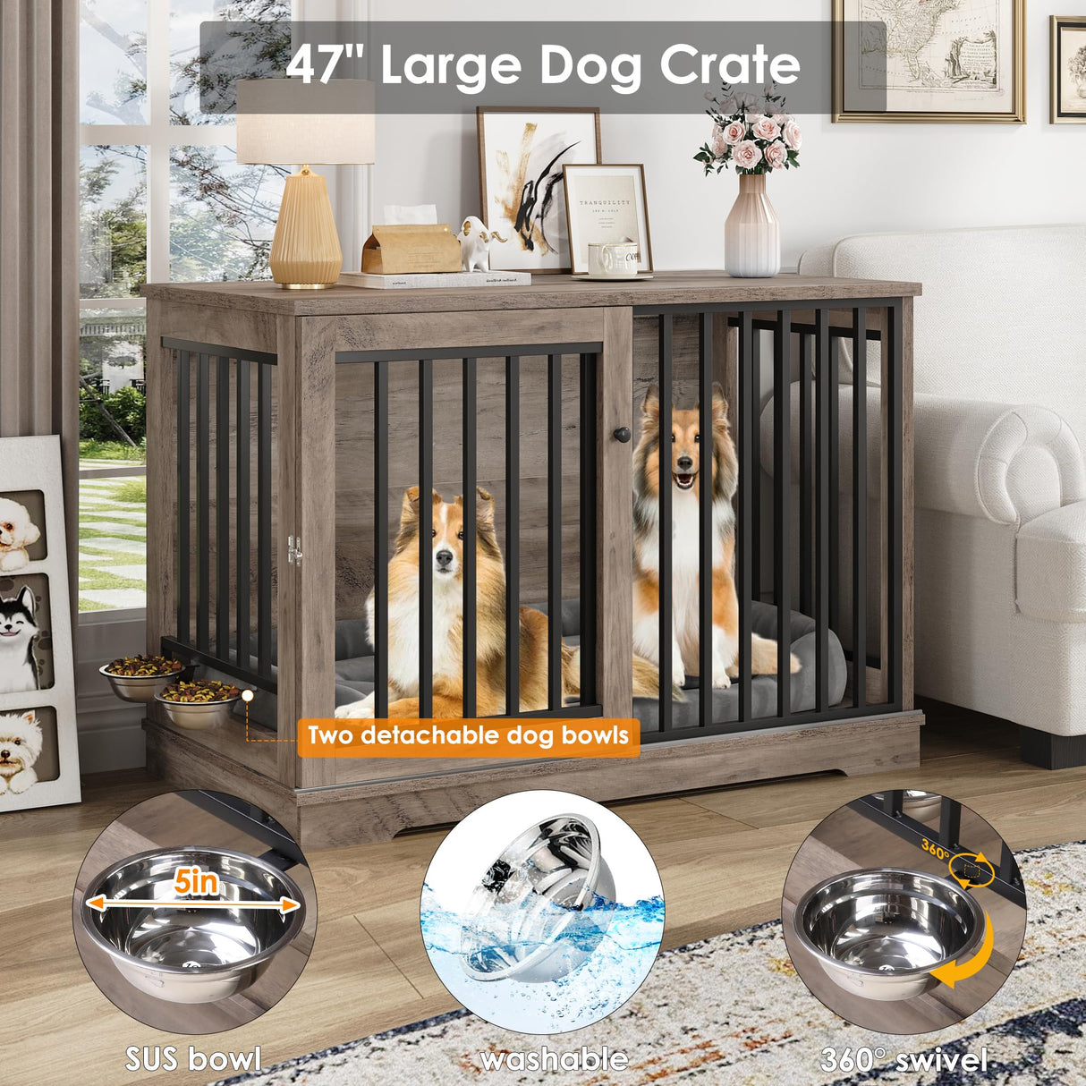 Dog Crate Furniture 47” Large Dog Kennel for Dogs Indoor, Heavy Duty Dog Cage with Sliding Door and 2 SUS Bowls Wooden End Table in Living Room for Small Medium Large Dogs, Rustic TTVIEW