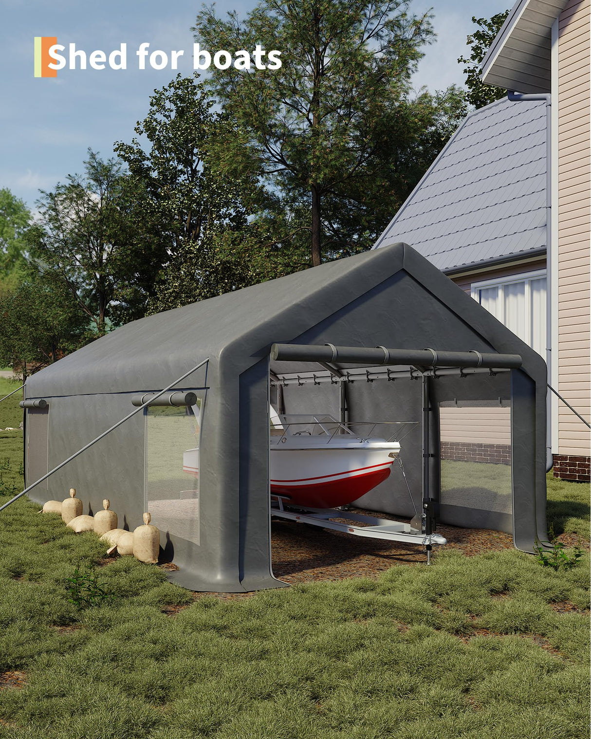 GarveeLife 13x25 Ft Carport with 10 Sandbags, Car Port with 220g PE Tarp, 2 Roll-Up Doors, and 4 Windows, for Full-Size Pickups, Bass Boats, Tractors, and SUVs, Gray GarveeLife