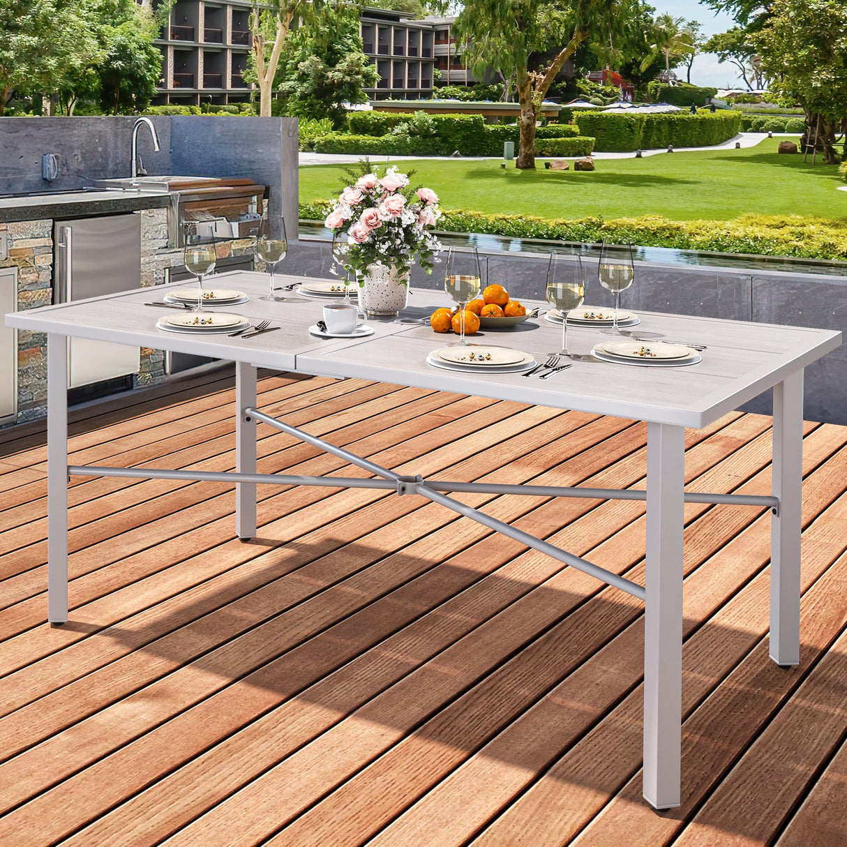 YITAHOME 59" Rectangular Outdoor Patio Dining Table for 6-Person, Outdoor Patio Dining Table with 2" Umbrella Hole and Sturdy Iron Frame Perfect for Lawn Backyard Garden, Gray YITAHOME