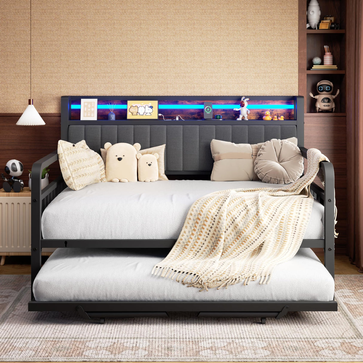 Daybed with Trundle and LED Light, Heavy Duty Metal Full Bed Frame with Upholstered Storage Headboard & Charging Station, Day Bed Pop Up Trundle Bed for Living Room,Bedroom and Guest Room, Brown Jocoevol