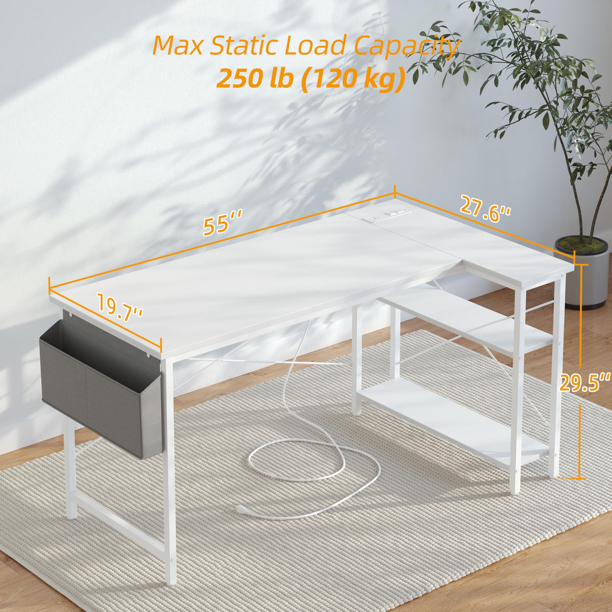 TIQLAB L Shaped Computer Desk with Power Outlets, 55 Inch Small Corner Desk with Reversible Shelves, Gaming Desk Computer Table Study Writing Desk for Home Office Small Space, White TIQLAB