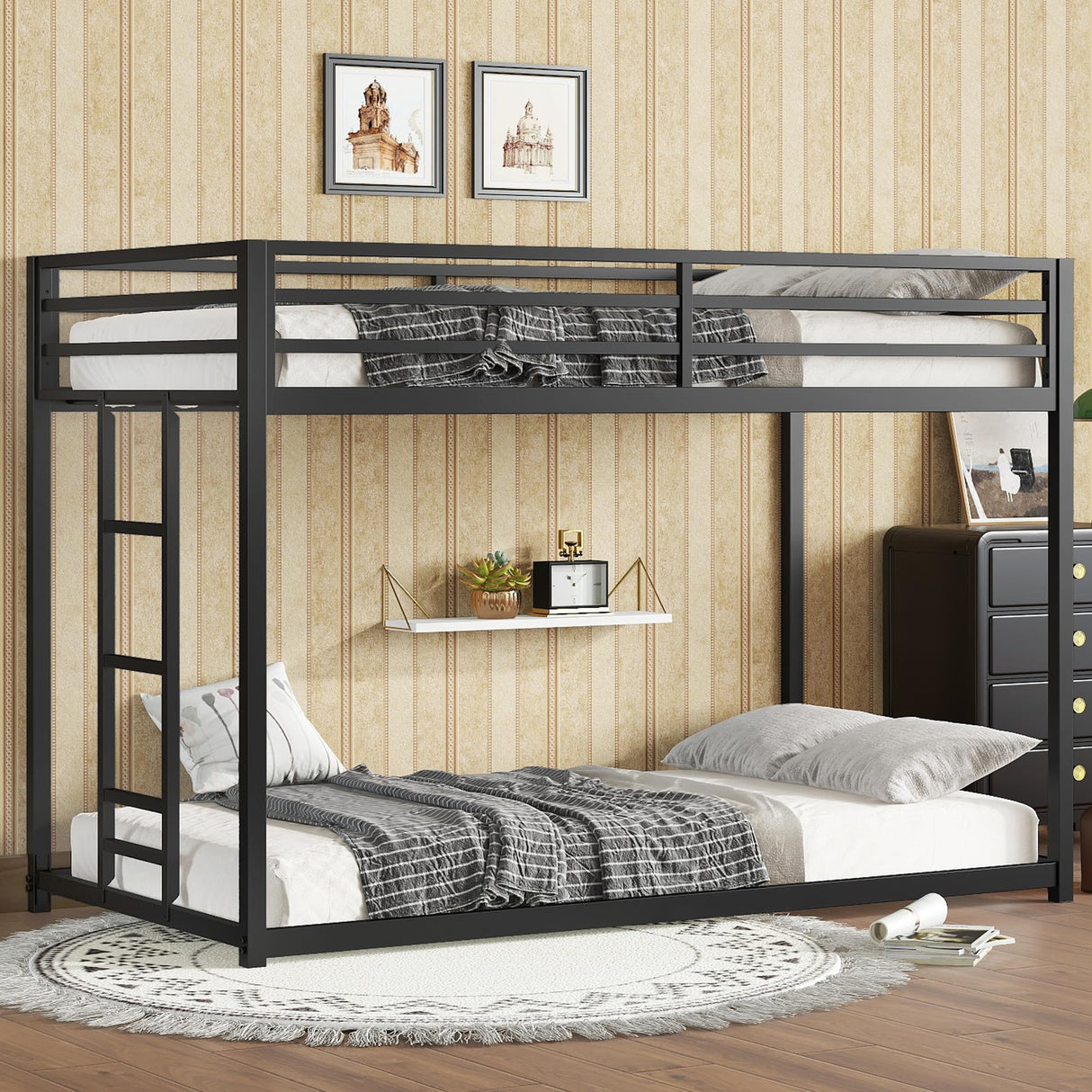 Bellemave Twin Over Twin Metal Bunk Beds for Kids/Adults,Heavy Duty Kids Floor Bunk Bed Twin Size,Noise Reduced Structure,Black Bellemave