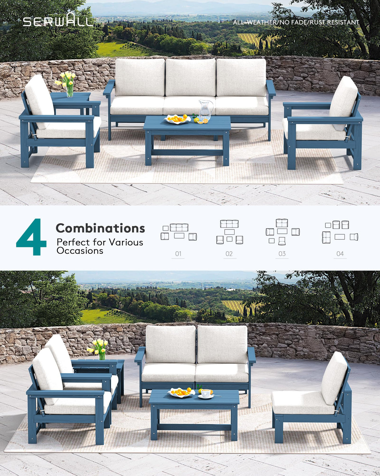 SERWALL HDPE Patio Furniture Set, 7-Piece Outdoor Sectional Sofa Set, All Weather Outdoor Couch Set for Deck, Lawn, Blue Frame with Grey Cushion SERWALL