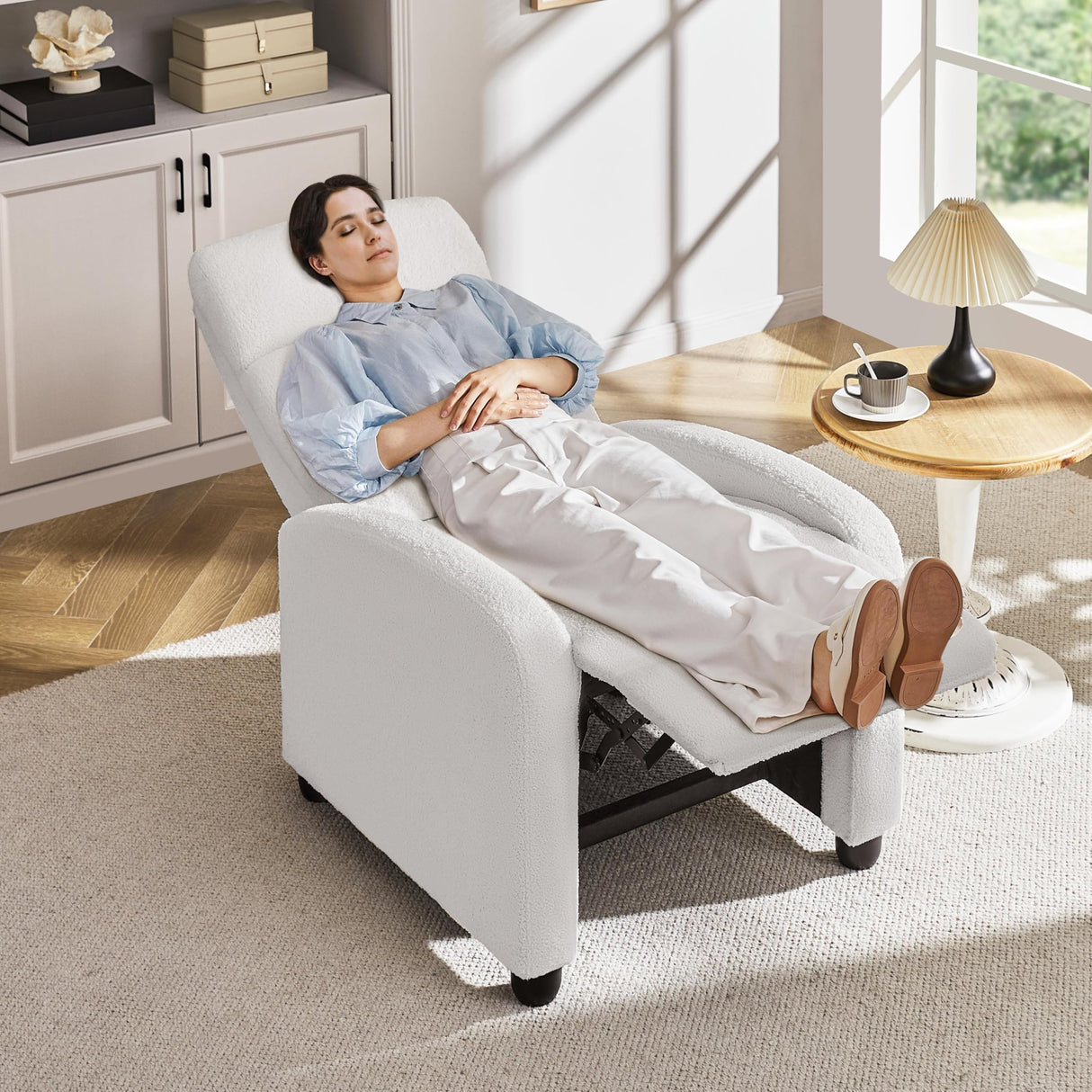 Topeakmart Boucle Recliner Sofa Push Back Recliner Chair Adjustable Modern Single Reclining Chair Upholstered Sofa with Pocket Spring Living Room Bedroom Home Theater White Topeakmart